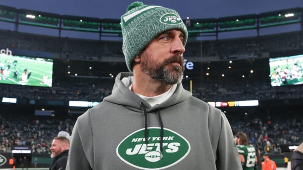 Dec 24, 2023; East Rutherford, New Jersey, USA; New York Jets quarterback Aaron Rodgers (8) on the field after the game against the Washington Commanders at MetLife Stadium.